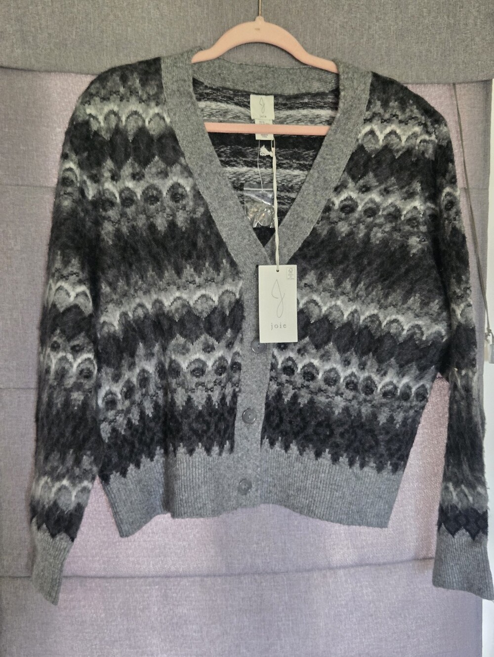 NWT Joie Wool Blend Soft Grey and Black Fair Isle Cardigan Sweater XL